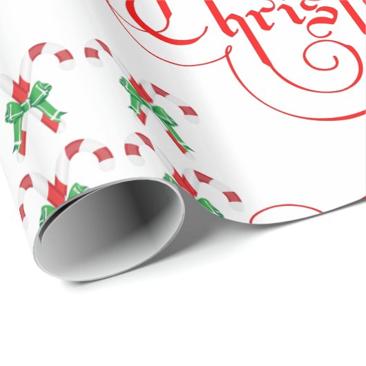 Weihnachts Red Script Candy Cane Green Ribbon Geschenkpapier (Rolleneckpunkt)