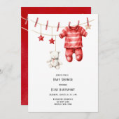 Weihnachts Red Teddy Bear Clothesline Baby Dusche Einladung (Vorne/Hinten)