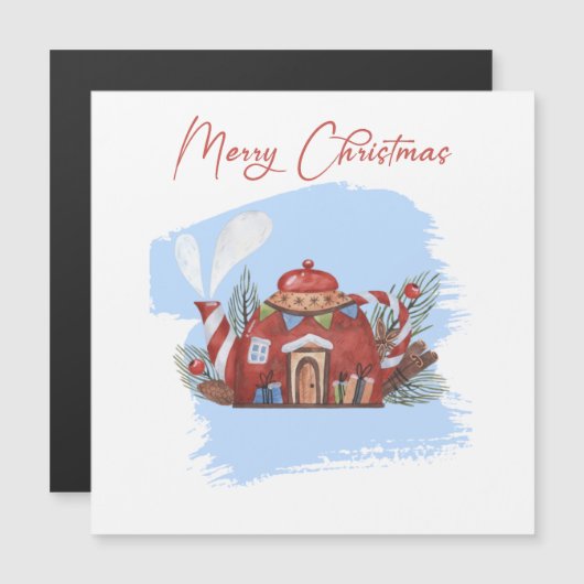 Weihnachts Red Tee Pot House Magnetkarte (Vorne/Hinten)