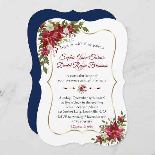 Weihnachts Red White Poinsettia Gold Navy Hochzeit Einladung (Vorne/Hinten)