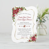 Weihnachts Red White Poinsettia Gold Navy Hochzeit Einladung (Stehend Vorderseite)