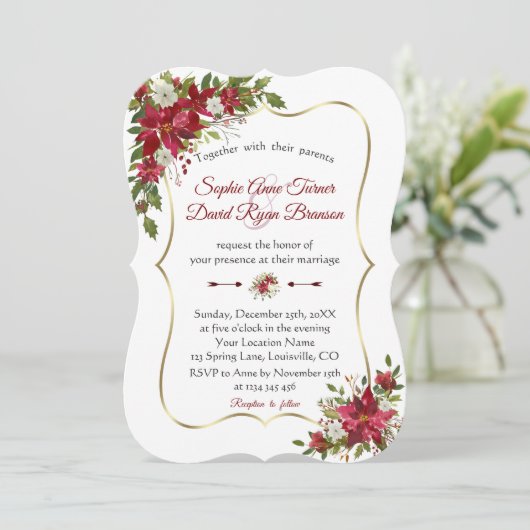 Weihnachts Red White Poinsettia Gold Navy Hochzeit Einladung (Stehend Vorderseite)