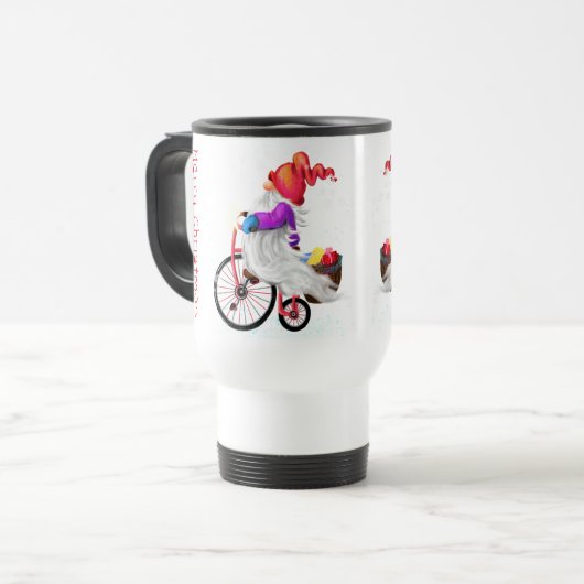 Weihnachts-Reisen Mug Gnome mit Bike und Geschenk Reisebecher (Vorderseite Links)