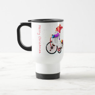 Weihnachts-Reisen Mug Gnome mit Bike und Geschenk Reisebecher