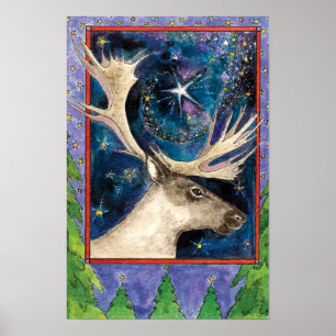 Weihnachts-Rentier am Abend mit einem Shining-Star Poster