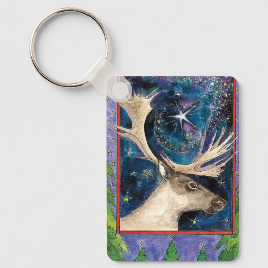 Weihnachts-Rentier am Abend mit einem Shining-Star Schlüsselanhänger (Vorderseite)