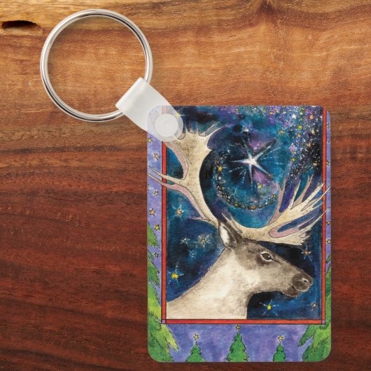 Weihnachts-Rentier am Abend mit einem Shining-Star Schlüsselanhänger (Vorderseite)