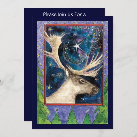 Weihnachts-Rentier am Abend mit einer Stern-Einlad Einladung (Vorne/Hinten)