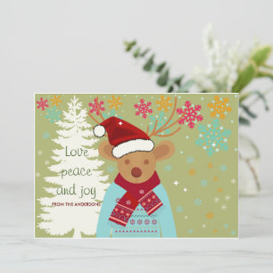 Weihnachts-Rentier-Baum Schnee Vintage Grün Rot Feiertagskarte