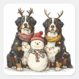 Weihnachts Rentier Bernese Mountain Hunde Quadratischer Aufkleber