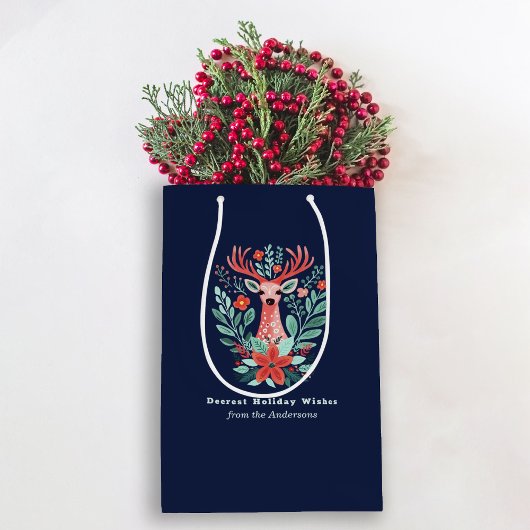 Weihnachts-Rentier Floral Blue Holiday Medium Gif Mittlere Geschenktüte