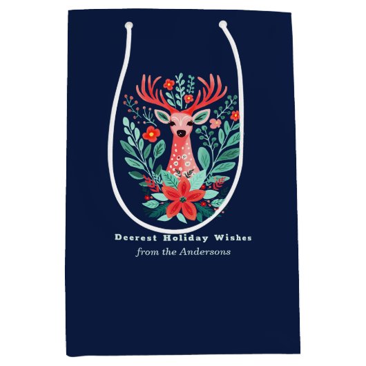 Weihnachts-Rentier Floral Blue Holiday Medium Gif Mittlere Geschenktüte (Vorderseite)