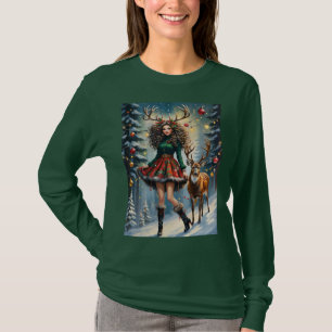 Weihnachts-Rentier-Mädchen mit Geweih Schneenacht T-Shirt