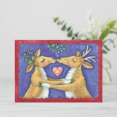 Weihnachts-Rentier, Mistletoe Kiss Save the Date Einladung (Stehend Vorderseite)