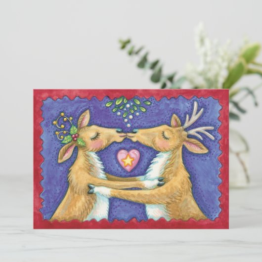 Weihnachts-Rentier, Mistletoe Kiss Save the Date Einladung (Stehend Vorderseite)