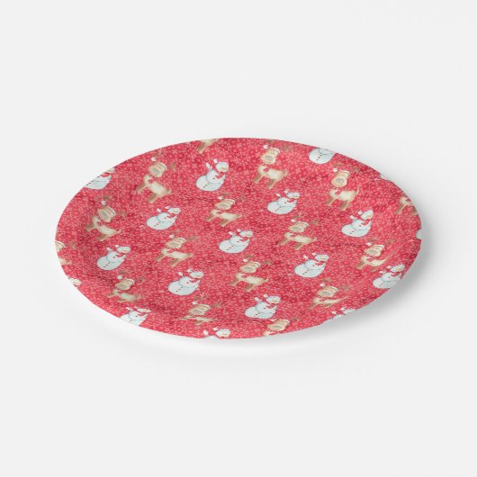 Weihnachts-Rentier und Schneemann-Muster - Rot Pappteller (Schrägansicht)