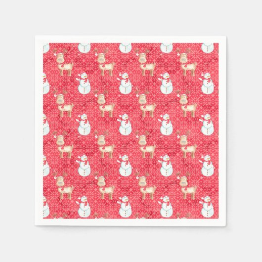 Weihnachts-Rentier und Schneemann - Rot Serviette (Vorderseite)