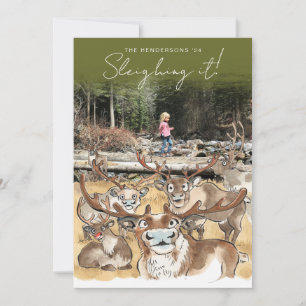 Weihnachts-Rentierfest Fotokarte Olivenweg Grün Feiertagskarte
