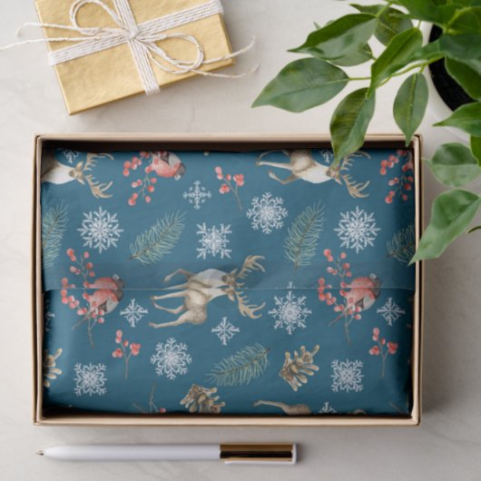 Weihnachts-Rentiergestein und Vogelwaldmuster Seidenpapier (Geschenk)