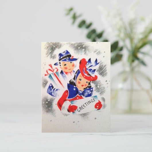 Weihnachts-Retro-Paar Feiertage Postkarte (Stehend Vorderseite)