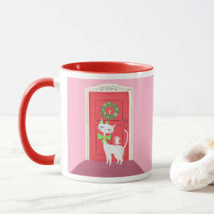Weihnachts-Retro-Weiße Katze und Maus Rosa Tasse