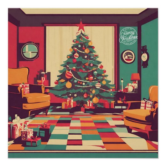 Weihnachts Retro Wohnzimmer mit Weihnachtsbaum Poster (Vorderseite)