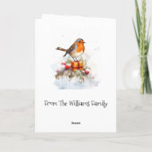 Weihnachts-Robin und Berries in der Schneefamilie Karte (Rückseite)