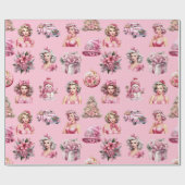 Weihnachts-Rosa-Button-Up-Puppe, Baumwagendesign Geschenkpapier (Flach)