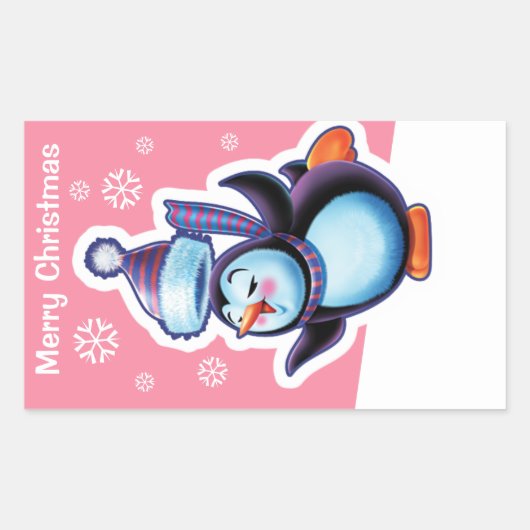 Weihnachts-Rosa Rechteck Aufkleber Pinguin Skater. (Vorderseite)