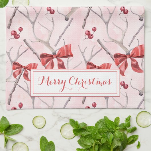 Weihnachts-Rosa-Ribbons und Heilige Berries Urlaub Geschirrtuch (Gefaltet)