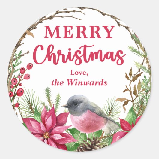 Weihnachts-Rosa-Robin Poinsettia-Winter Runder Aufkleber (Vorderseite)