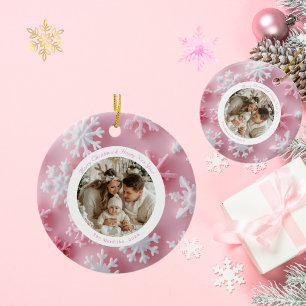 Weihnachts-Rosa-Schneeflocken-Foto Keramik Ornament
