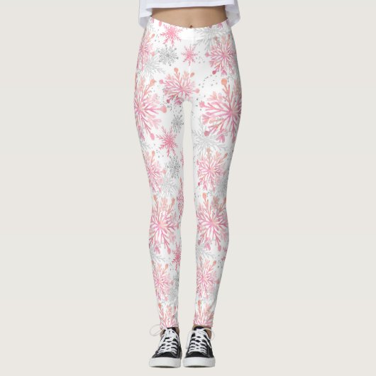 Weihnachts-Rosa-Schneeflocken-Muster Leggings (Vorderseite)