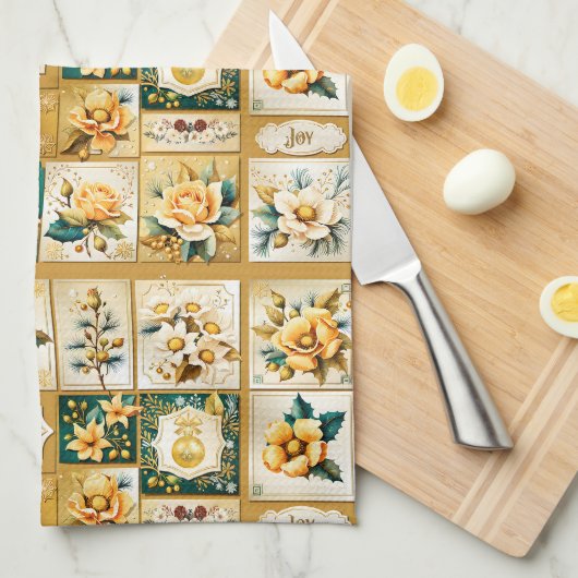 Weihnachts-Rose Collage Geschirrtuch (Viertel Falte)