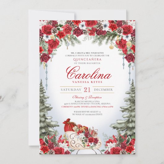 Weihnachts-Rose Holiday Sleigh Winter Quinceanera Einladung (Vorderseite)