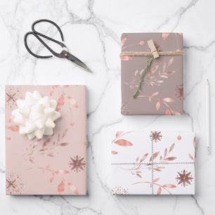 Weihnachts-Roségold-Blätter und -Sterne Geschenkpapier Set
