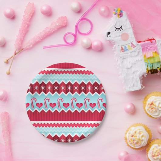 Weihnachts-Rot-Blau-Zickzack Streifen Muster Pappteller (Party)