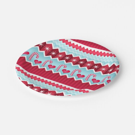 Weihnachts-Rot-Blau-Zickzack Streifen Muster Pappteller (Schrägansicht)