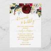 Weihnachts-Rot-Gold-Blumenbrunch und Bubbly Folieneinladung (Vorderseite)