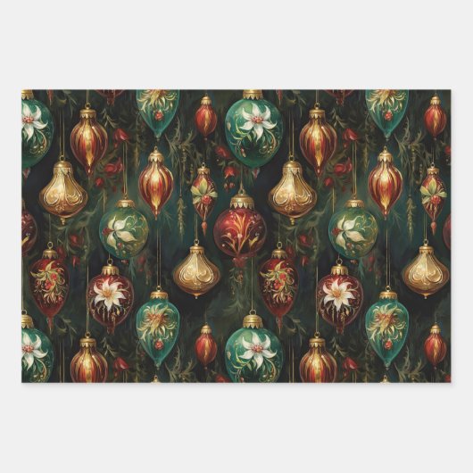 Weihnachts-Rot-Gold-Ornamente Geschenkpapier Set (Vorderseite)