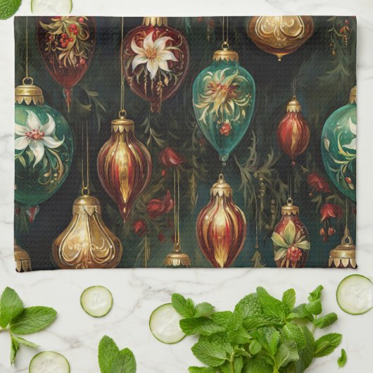 Weihnachts-Rot-Gold-Ornamente Geschirrtuch (Gefaltet)