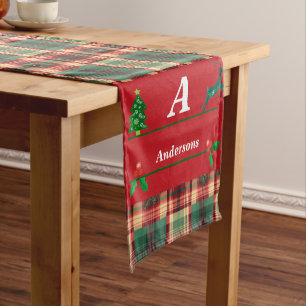 Weihnachts-Rot-Grün-Kariertes Monogramm und Name Kurzer Tischläufer