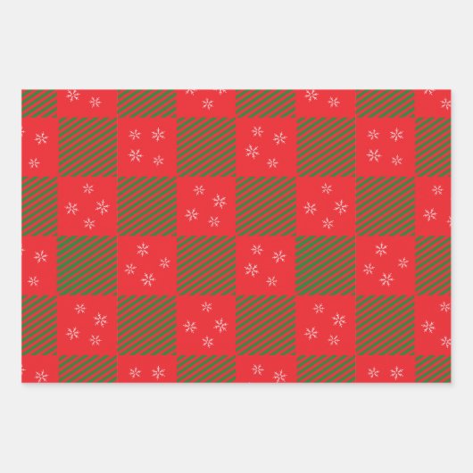 Weihnachts Rot Grün Kariertes Muster Schneeflocken Geschenkpapier Set (Vorderseite 2)
