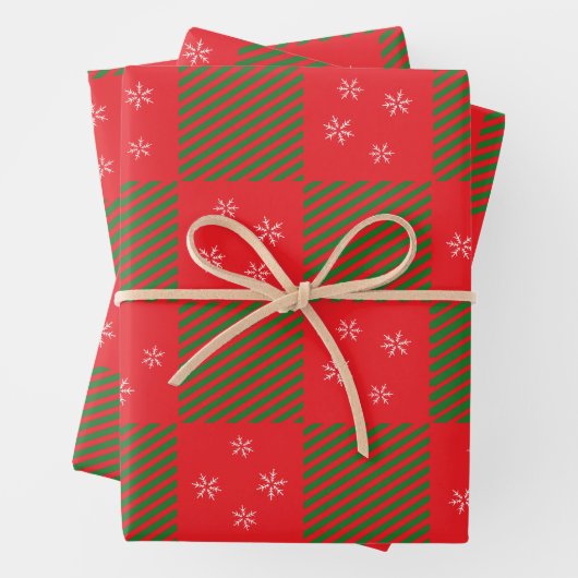 Weihnachts Rot Grün Kariertes Muster Schneeflocken Geschenkpapier Set (Beispiel)
