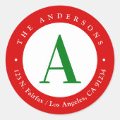 Weihnachts-Rot-Grün-Monogramm-Rücksendeadresse Runder Aufkleber (Vorderseite)