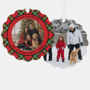 Weihnachts-Rot-Grün-Tartan-Karo einfach 2 Fotos Ornament Karte