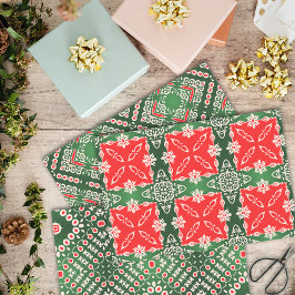 Weihnachts-Rot-Grün-Weiß-Vintag Damask-Muster Geschenkpapier Set