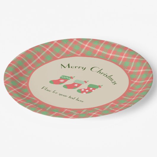 Weihnachts-Rot-Kariert Pappteller (Schrägansicht)
