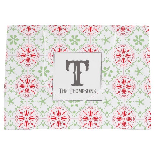 Weihnachts-Rot-Monogramm-Snowflake-Monogramm Große Geschenktüte (Vorderseite)