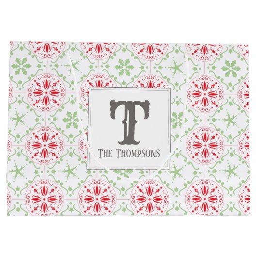 Weihnachts-Rot-Monogramm-Snowflake-Monogramm Große Geschenktüte (Rückseite)